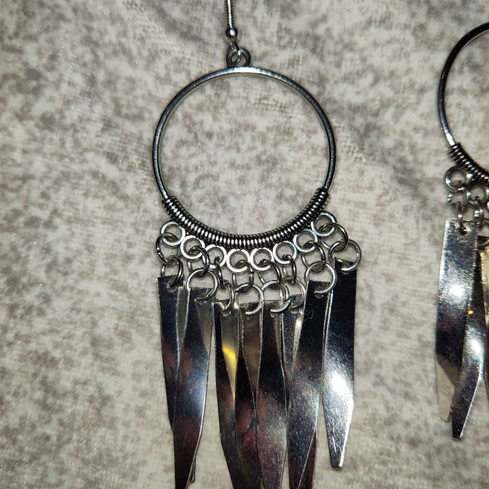 Paparazzi Silver Fringe Hoop Earrings – Statement Dangle Earrings – Lightweight - Picture 4 of 4